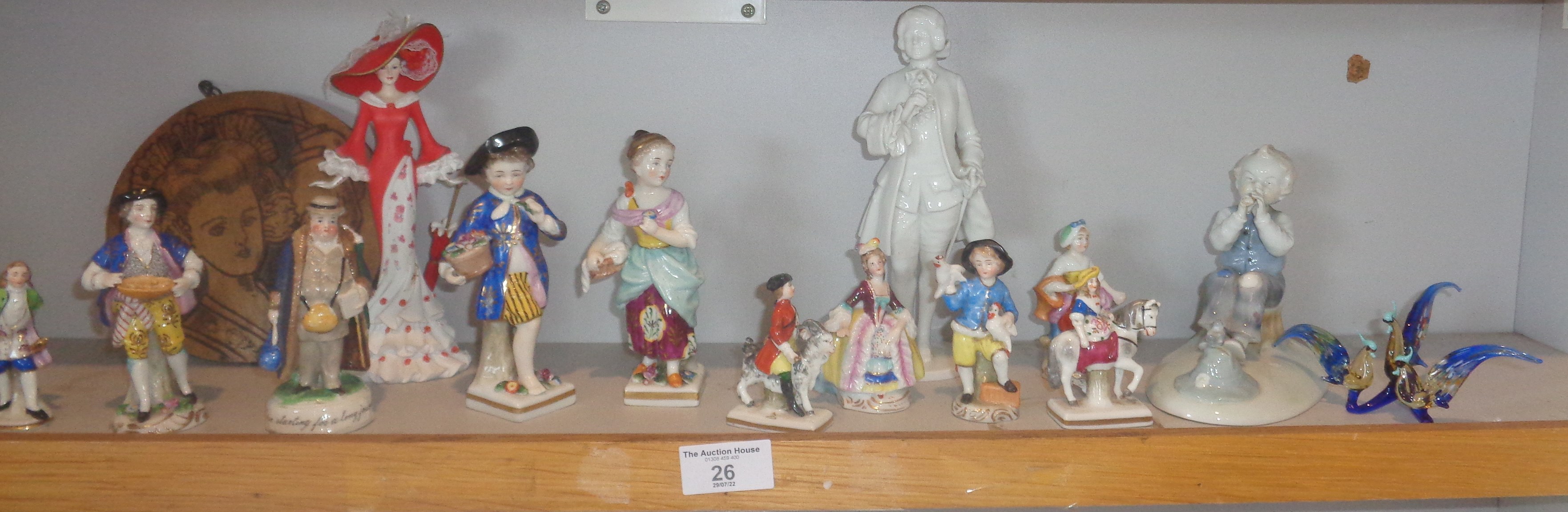 Assorted continental china figurines, inc. pair with gold anchor marks
