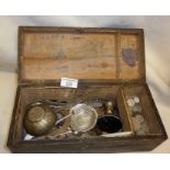 Wooden box containing silver and copper coins etc, including a miniature ACME level