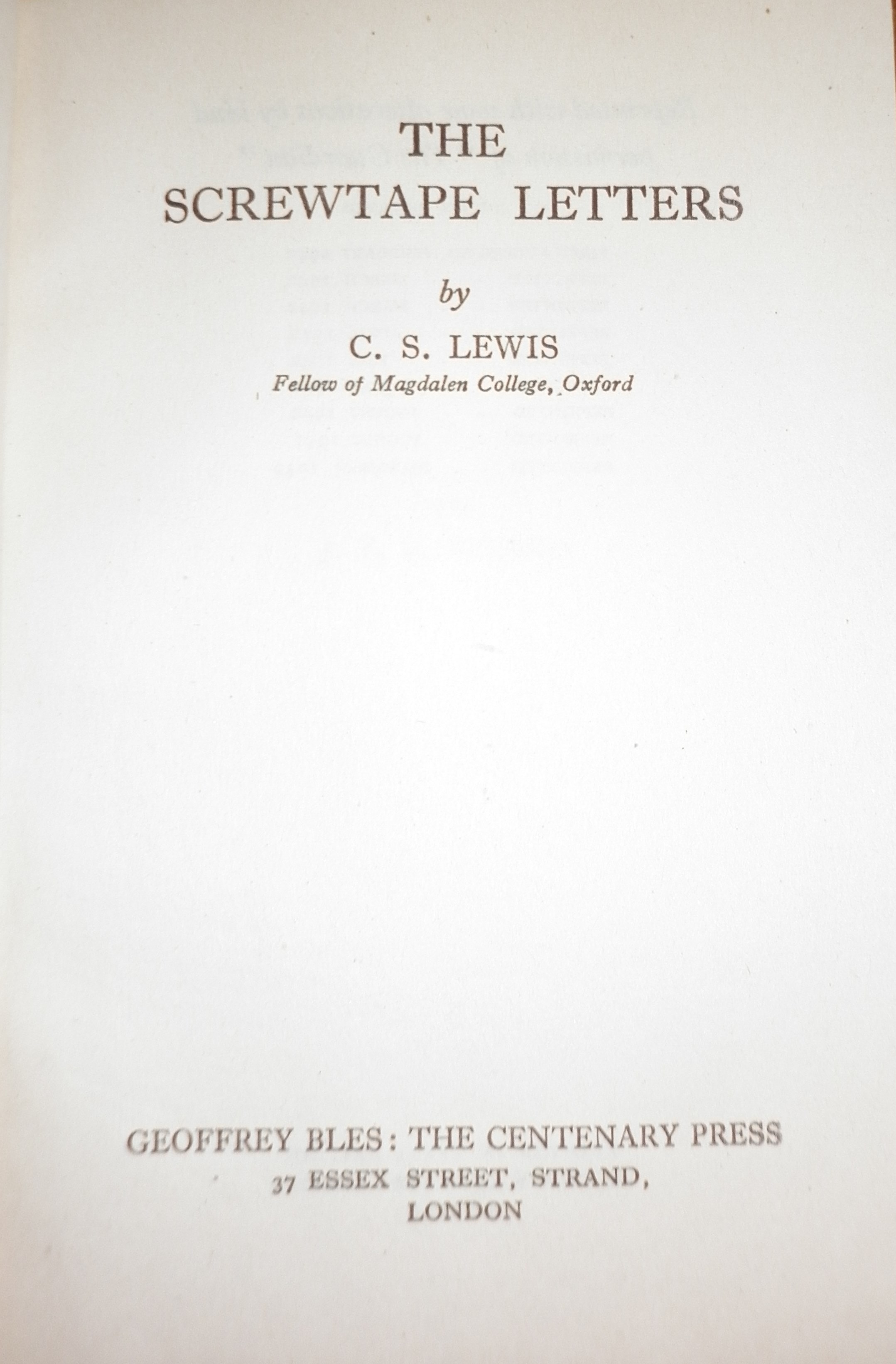 The Screwtape Letters by C.S. Lewis 1942 (Dec) pub The Centenary Press dustwrapper - Image 2 of 3