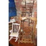 Dolls painted wood and canework swing seat, a turned wood dolls high chair and a rocking chair