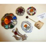 Five vintage Scottish style brooches, one antique silver, set with agate etc. Together with a