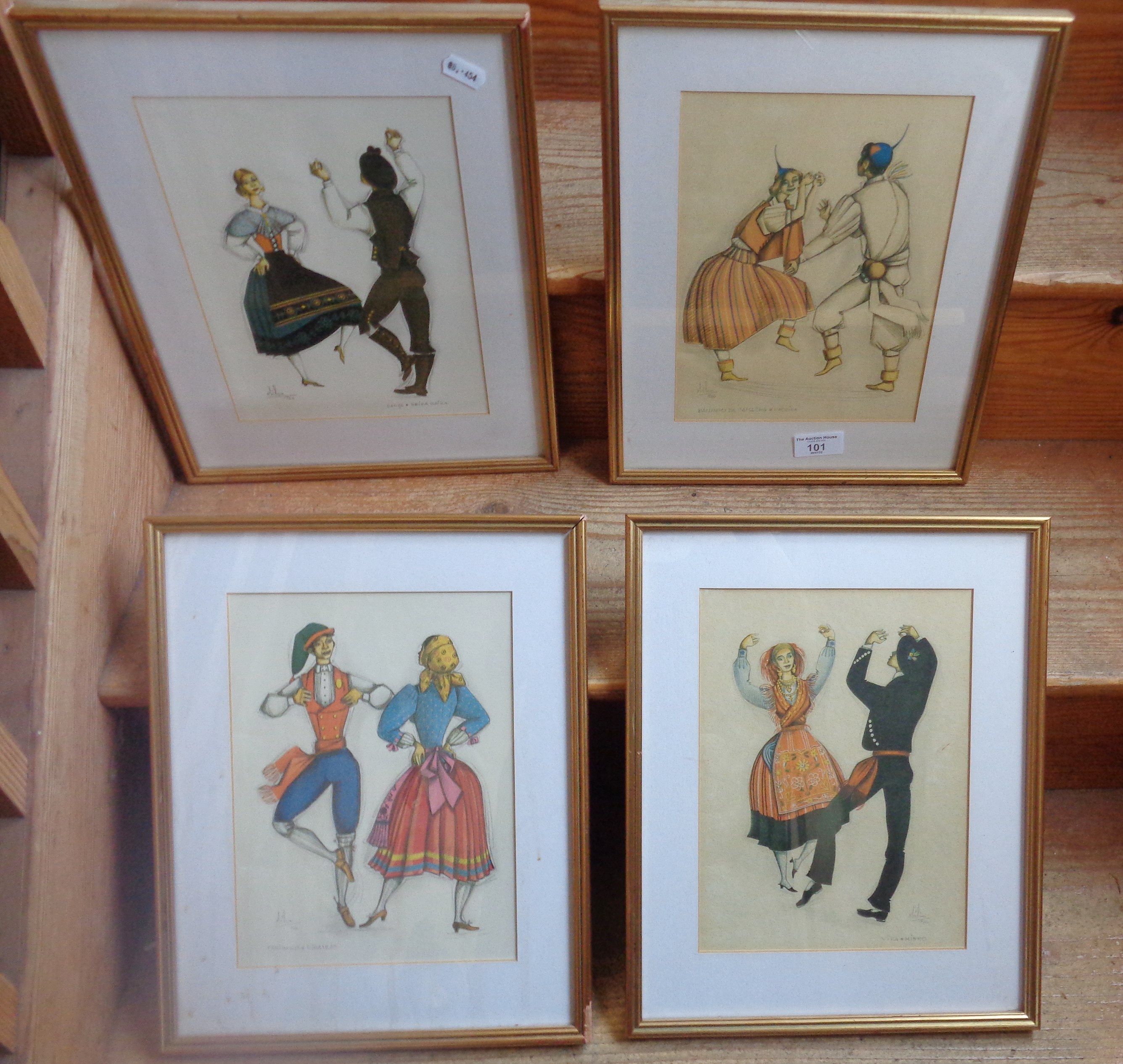 Set of four colour prints of dancing couples in national costumes, signed in pencil, 'sbilio' or '