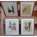 Set of four colour prints of dancing couples in national costumes, signed in pencil, 'sbilio' or '