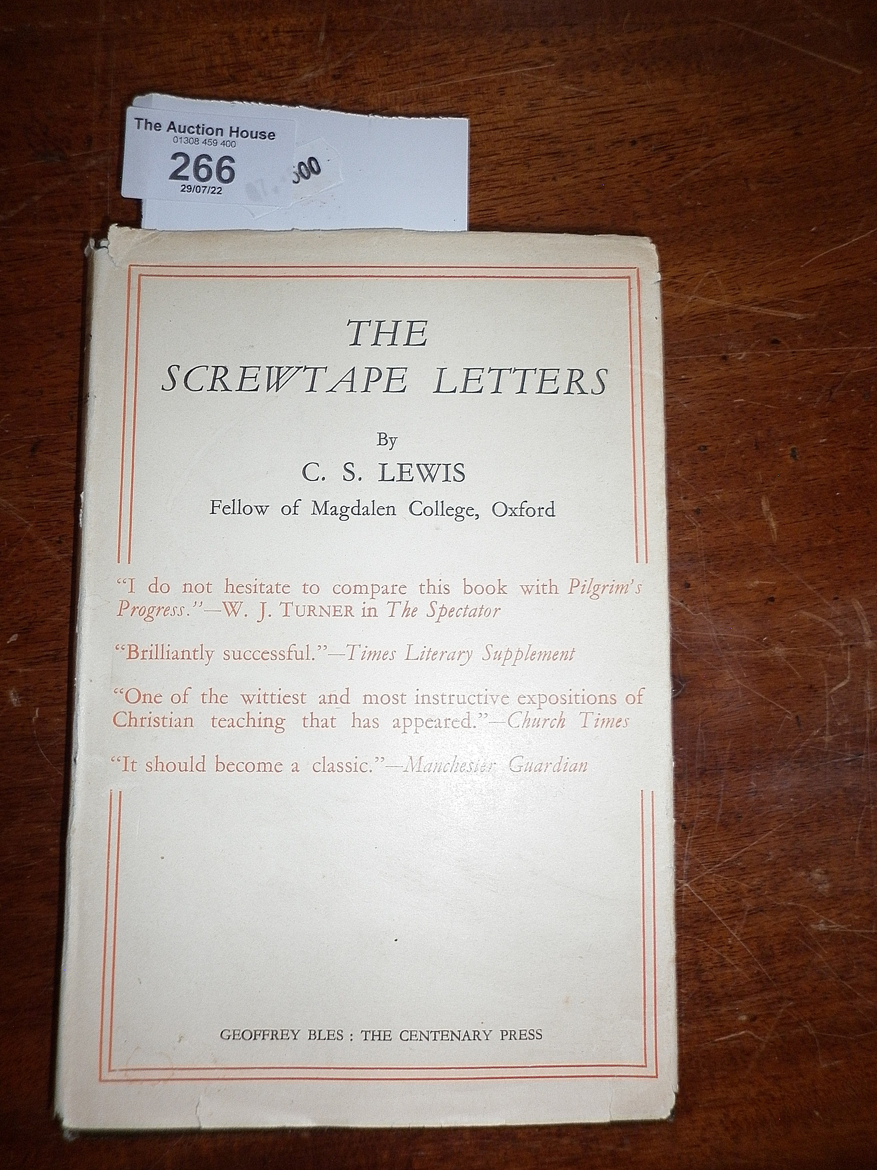 The Screwtape Letters by C.S. Lewis 1942 (Dec) pub The Centenary Press dustwrapper