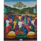 Painting on canvas of a Haiti village and market, unsigned, 23" x 19"