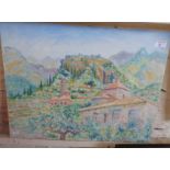 Impressionistic oil on board of a Cretan hill village by L. Stubbs