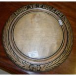 Unusual carved wooden bread board with "mind ye fingers" border