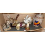 Assorted resin owl figures and other items, inc. light shades