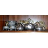 Arts & Crafts beaten pewter teaset, Benin brass horse and rider, two brass crested curry combs etc