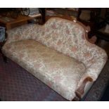 Victorian inlaid mahogany upholstered sofa with downswept arms standing on turned feet, 64" wide