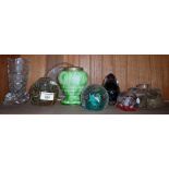 Three glass paperweights, a glass dump, inkwell and four other glass items