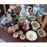 Three Victorian china jelly moulds, pair Staffordshire dogs, Portmeirion jug and other china