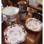 Three Royal Crown Derby dishes, a large Spode urn (A/F) and a Chinese crackle warriors vase 25cm (
