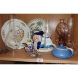 Assorted china items and three glass oil lamp funnels