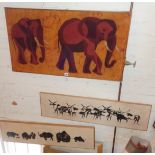 Kenyan Fabric picture of elephants, signed Ngugi dated 1975 and two other similar of Rhinoceros