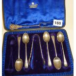 Part cased set of silver teaspoons and sugar tongs, hallmarked for Sheffield 1903, maker JR.