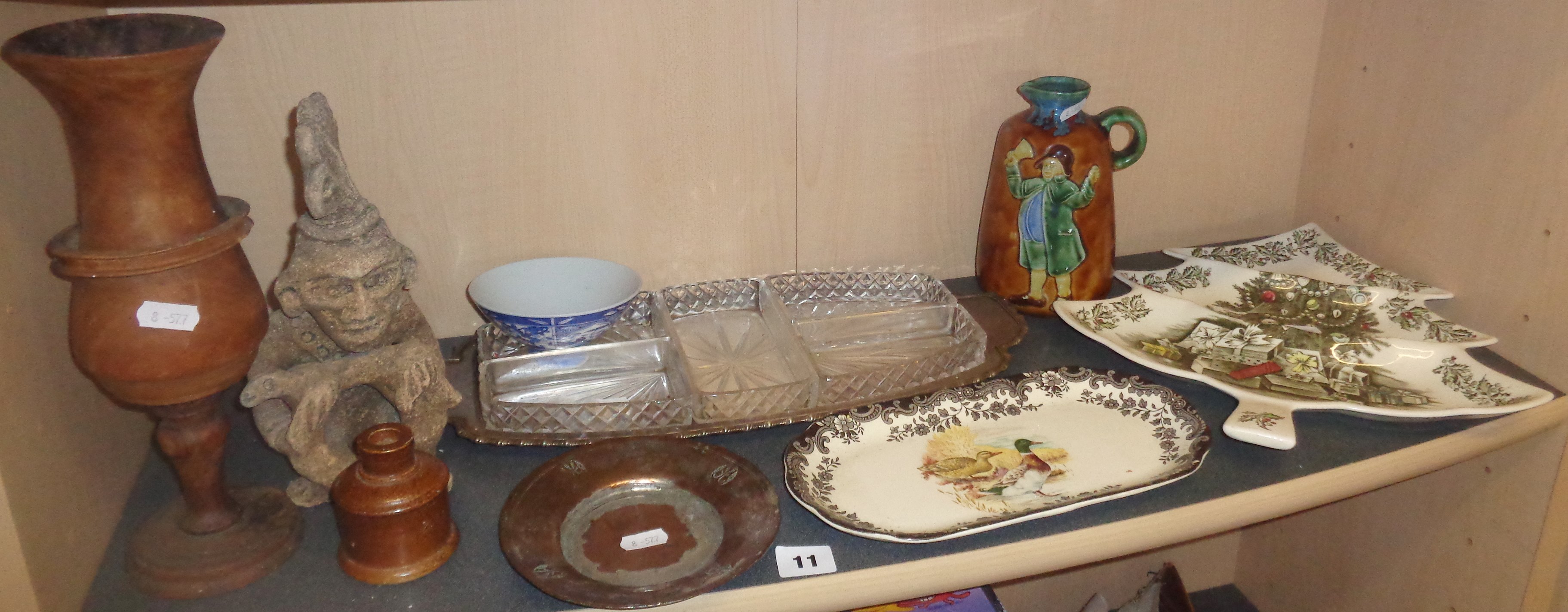 Assorted items including glass hors d'oeuvres dish, treen wood vase, a Persian copper alms dish (