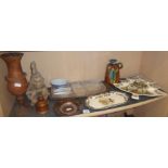 Assorted items including glass hors d'oeuvres dish, treen wood vase, a Persian copper alms dish (