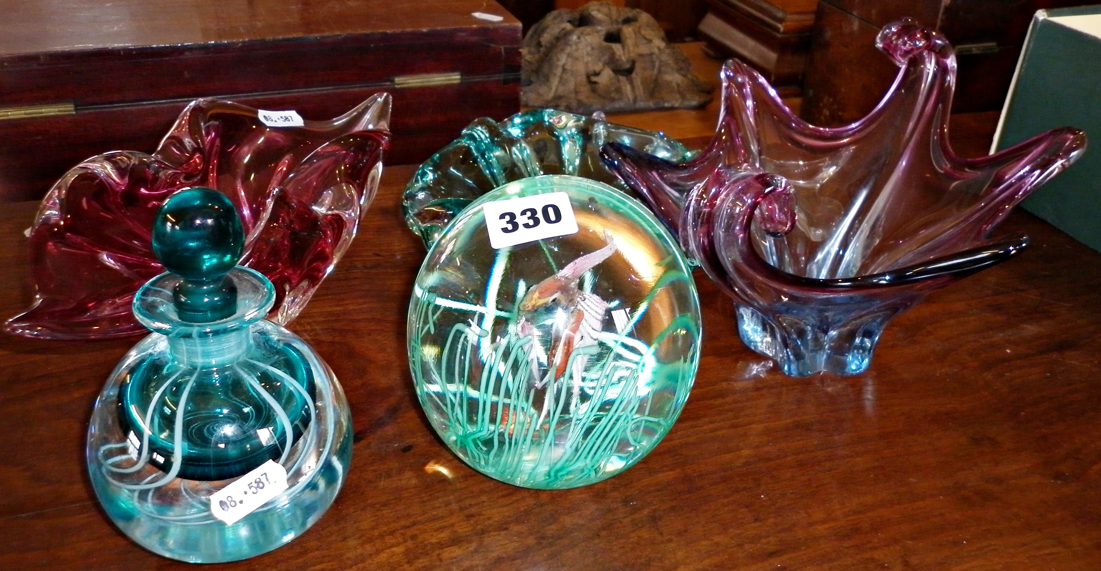 Czech and Murano Art Glass freeform vases and dishes. Including scent bottle and a large Murano (