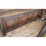 18th c. coffer with carved frieze above four panels, 5ft long x 2ft deep x 29" high