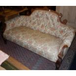 Victorian inlaid mahogany upholstered sofa with downswept arms standing on turned feet, 64" wide