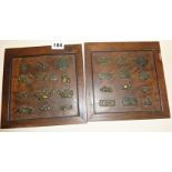 19th c. bronze miniature Japanese figural and other plaques mounted on 7.75" square walnut panels,