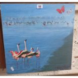Oil on canvas of Flamingos, signed by Kirsten Unger and dated