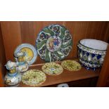 Three Cantigalli pottery dishes, a pair of Deruta vases, and three other Italian pottery items