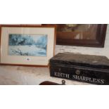 A small signed David Shepherd colour print of elephants in a river and a tin deed box