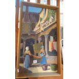 Oil on board of a Continental house courtyard scene with cleaning ladies at work