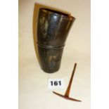 Antique horn beaker with grip ring, 5" high, and a miniature treen alpine axe
