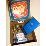 Old OXO tin with car related contents, including key fobs, RAC card and key