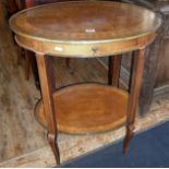 19th c. inlaid and painted walnut oval two-tier occasional table with single drawer with brass