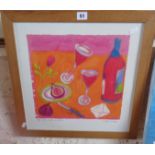 Silk screen still life of figs, wine and a red rose, signed Louise Waugh