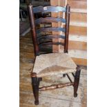 Set of 7 ladderback dining chairs with rush seats, inc. carver