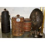 Tribal Art: carved wood Bon-Po mask with yak hair beard, three various lidded containers and a small