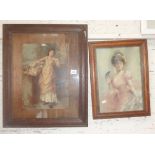 Oak framed colour print of an Edwardian woman in ball gown and another similar