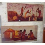 Two African pictures on fabric of natives and village life, signed