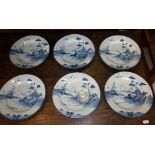 A set of six 18th c. English Delft Chinoiserie plates, 23cm diameter,one with hairline cracks