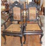 Pair of Victorian Anglo-Chinese carved wood armchairs with cane-work seats and backs