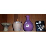 Middle Eastern flambe glazed pot, small Verwood type pottery flagon, studio pottery vase and an