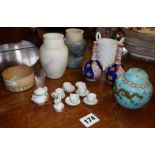 Pair Imari miniature bottle vases, a small Chinese ginger jar with cover, pair of alabaster vases