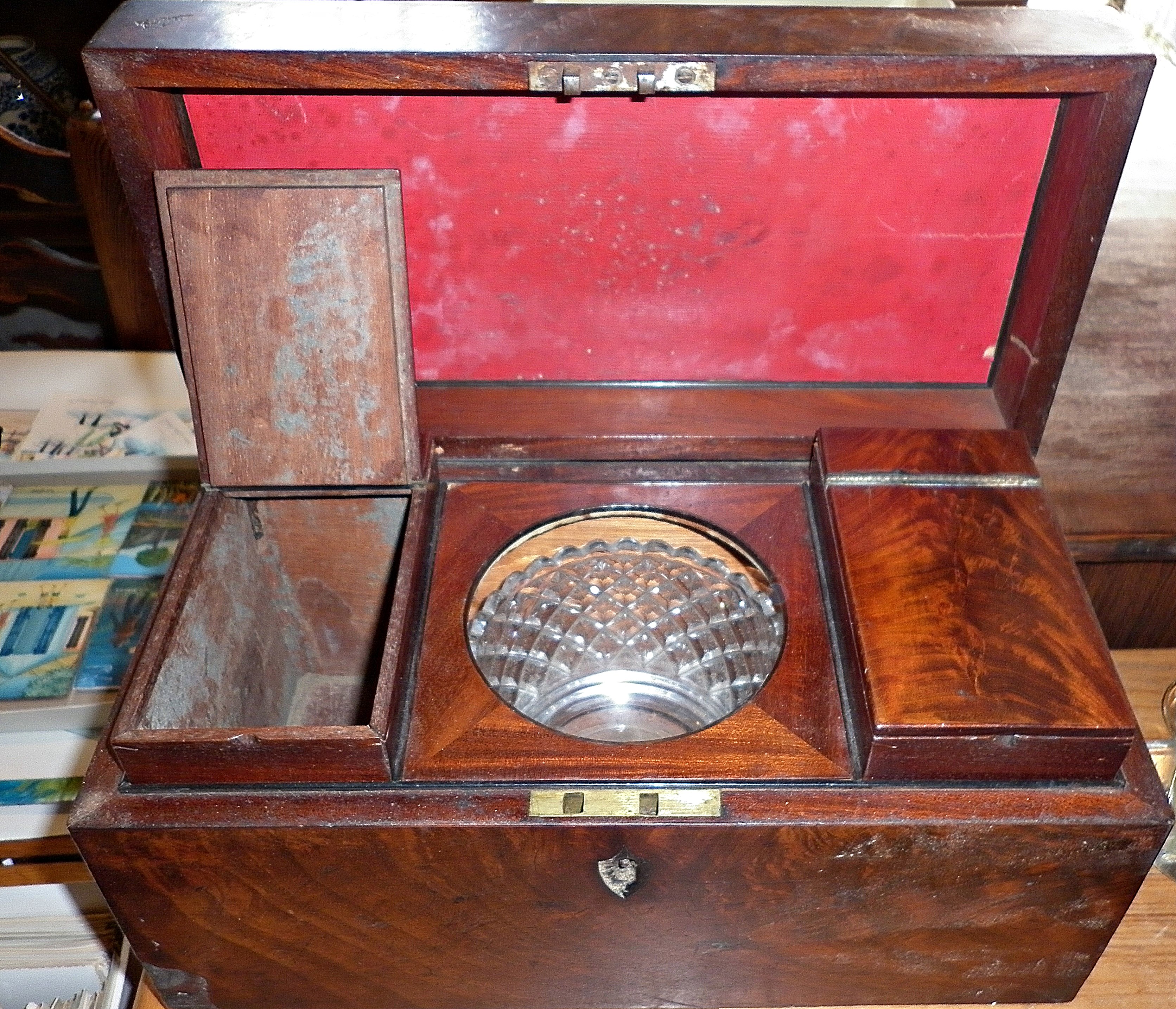 19th c. flame mahogany tea caddy with mixing bowl - Image 2 of 2