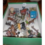 Collection of Britains and other lead farm animals, farm carts and fences