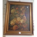 Victorian oil on canvas of a still life with flowers and a snail, in gilt frame