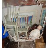 Wrought iron doll's swinging crib, two dolls and two rocking chairs