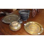 Silver inlaid brass platter, similar round tray and three other pieces