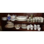 Large china tureen with ladle, smaller similar and other china (2 shelves)