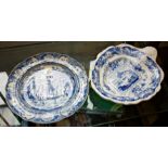 19th c. blue and white transfer plate in the bee master pattern and similar dish in the