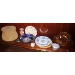Majolica bread plate (A/F) and other plates etc. Together with a Smiths Westminster mantle clock